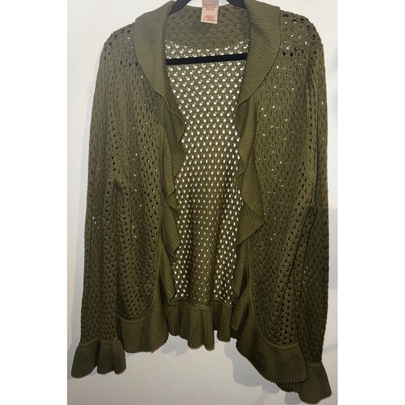 Faded Glory Sweaters - Vtg Y2K Olive Green Ruffle Knit Open Front Cardigan XL 16/18 Boho Hippie Fairy